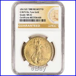 1908 No Motto US Gold $20 Saint-Gaudens Double Eagle NGC MS62 Guaranteed Label
