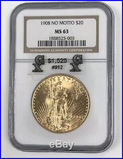 1908 Saint-Gaudens Double Eagle $20 Gold Coin NGC MS63