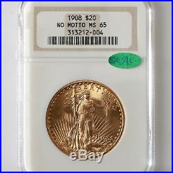 1908 St Gaudens $20 NGC CAC Certified MS65 No Motto US Mint State Gold Coin