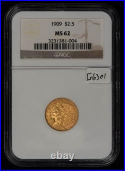 1909 G$2.50 Indian Head Gold Quarter Eagle Luster NGC MS 62 SKU-G6301