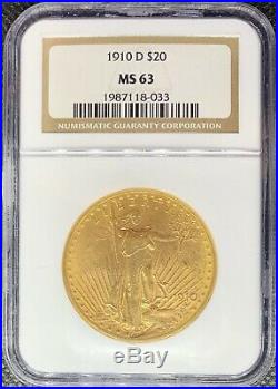 1910-D $20 American Gold Double Eagle MS63 NGC Liberty Rare Key Date Coin