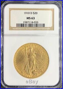 1910-D $20 American Gold Double Eagle MS63 NGC Liberty Rare Key Date Coin