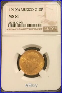 1910 Mexico Gold 10 Peso Coin Ngc Ms61