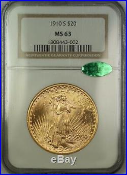 1910-S $20 St. Saint Gaudens Double Eagle Gold Coin NGC CAC MS-63 Choice BU