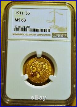 1911 $5 Gold Coin MS 63 (Very Nice Coin To Add To Your Collection) ($1280.00 BV)