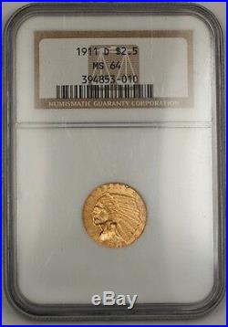 1911-D $2.50 Indian Quarter Eagle Gold Coin NGC MS-64 Very Choice UNC KEY DATE