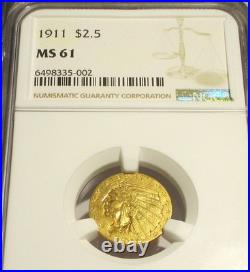 1911 Indian Head $2.5 Quarter Eagle Gold Coin Ngc Ms61 Rare Us Coin