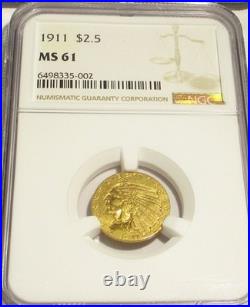 1911 Indian Head $2.5 Quarter Eagle Gold Coin Ngc Ms61 Rare Us Coin 1911 Indian Head $2.5 Quarter Eagle Gold Coin Ngc Ms61 Rare Us Coin