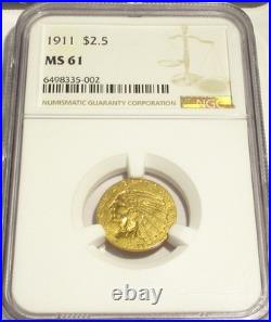1911 Indian Head $2.5 Quarter Eagle Gold Coin Ngc Ms61 Rare Us Coin