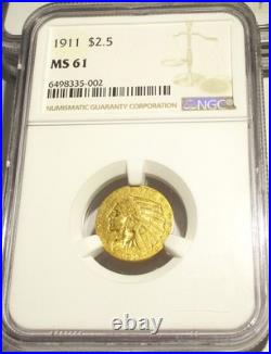 1911 Indian Head $2.5 Quarter Eagle Gold Coin Ngc Ms61 Rare Us Coin