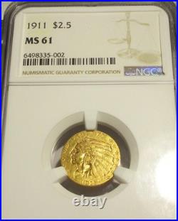 1911 Indian Head $2.5 Quarter Eagle Gold Coin Ngc Ms61 Rare Us Coin
