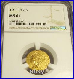 1911 Indian Head $2.5 Quarter Eagle Gold Coin Ngc Ms61 Rare Us Coin