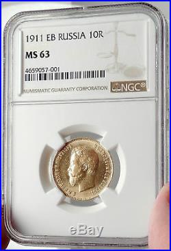 1911 NICHOLAS II RUSSIAN Czar 10 Roubles Antique Gold Coin of Russia NGC i69071