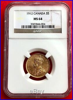 1912 Canada Gold $ 5 Dollar NGC MS-64 Perfect Type Coin