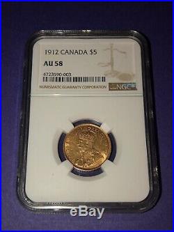 1912 Gold Canada $5 Dollar King George V Coin Ngc About Uncirculated Au 58