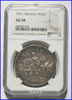 1912 Mexico Peso Beautiful Coin NGC AU 58 Clave Date