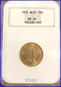 1912 Netherlands Gold 10 Gulden NGC MS64, Gold Coin