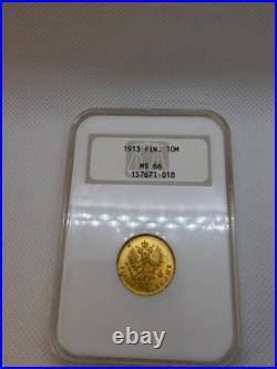 1913 10 Markkaa Gold Coin NGC MS66 Old Fatty Holder Nicholas II Finland