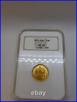 1913 10 Markkaa Gold Coin NGC MS66 Old Fatty Holder Nicholas II Finland