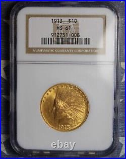 1913 Ngc Ms 61 $10 Gold Indian Rare Coin, Free Shipping