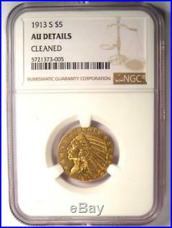 1913-S Indian Gold Half Eagle $5 Coin NGC AU Details Rare San Francisco Date
