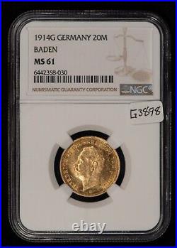 1914-G Germany 20 Mark Gold Coin Baden 0.2305 AGW NGC MS 61 SKU-G3898