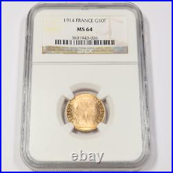 1914 NGC MS64 FRANCE Gold 10 Francs Coin #46296A