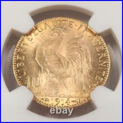 1914 NGC MS64 FRANCE Gold 10 Francs Coin #46296A