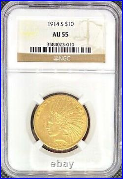 1914-S $10 Gold Indian American Eagle NGC AU55 LUSTROUS KEY DATE Coin