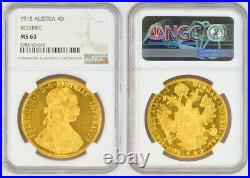 1915, Austria, Francis Joseph I. Large Gold 4 Ducats Coin. Re-Strike! NGC MS-63