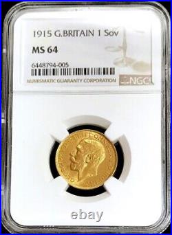 1915 Gold 1 Sov Great Britain 1 Sovereign King George V Coin Ngc Ms-64 Uk