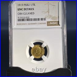1919 Peru 1/5 Libra Gold Coin NGC UNC Details
