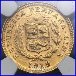 1919 Peru 1/5 Libra Gold Coin NGC UNC Details 1919 Peru 1/5 Libra Gold Coin NGC UNC Details