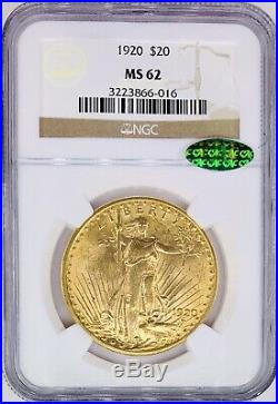 1920 $20 American Gold Double Eagle Saint Gaudens MS62 NGC CAC RARE Date Coin