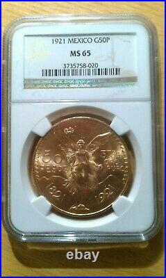 1921 Key Date G50P Mexico 50 Pesos Gold Coin NGC MS65