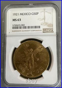 1921 MEXICO 50 PESOS Centenario 1.2 Oz. GOLD COIN Ngc Ms63