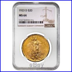 1923 D $20 Gold Saint Gaudens Double Eagle Coin NGC MS 64