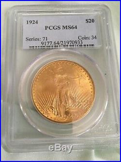 1924 $20 St. Gaudens Double Eagle Gold Coin NGC MS 64