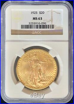 1925 $20 American Gold Double Eagle Saint Gaudens MS63 NGC Certified Mint Coin