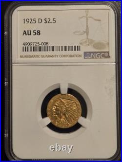 1925 D AU58 2.5 Indian Head Gold Coin NGC Certified