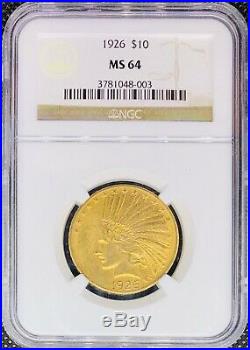 1926 $10 American Indian Head Gold Coin NGC MS64 Lustrous High Grade US Gold