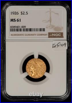 1926 G$2.50 Indian Head Gold Quarter Eagle Strong Luster NGC MS 61 G5109 1926 G$2.50 Indian Head Gold Quarter Eagle Strong Luster NGC MS 61 G5109