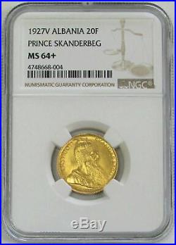 1927 V Gold Albania 20 Franga Lion Of St. Mark Coin Ngc Mint State 64+