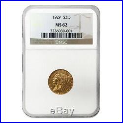 1929 $2.5 Gold Quarter Eagle Indian Head NGC MS 62