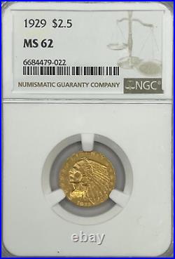 1929 $2.5 Indian Head Gold Coin, MS 62 NGC