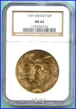 1929 MEXICO 50 PESOS 1.2 Oz. GOLD COIN NGC MS64 MS-64 Older Holder