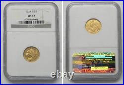 1929 USA $2.50 Indian Head Gold Quarter Eagle Coin, NGC MS62 #0001