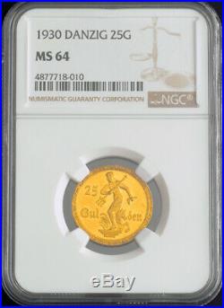 1930, Germany/Poland, Danzig (Free City). Scarce Gold 25 Gulden Coin. NGC MS-64
