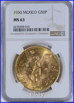 1930 Mexico Gold 50 Peso NGC MS63 Nice Brilliant Uncirculated Coin