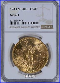 1943 Mexico Gold 50 Peso NGC MS63 Nice Brilliant Uncirculated Coin